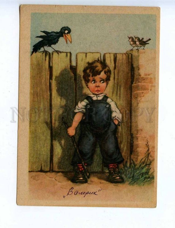 201828 GERMANY Charming boy & crow Vintage postcard