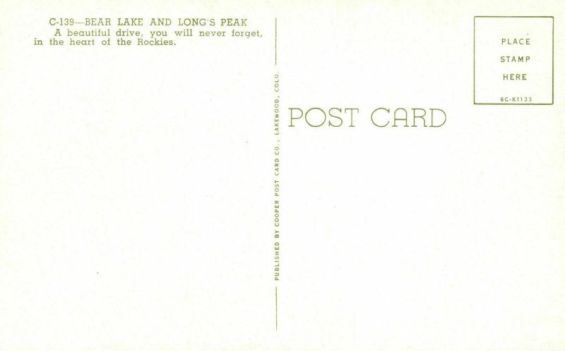 Vintage Postcard Bear Lake And Long's Peak Beautiful Drive Heart Of Rockies CO 
