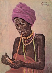 AFRICAN WOMAN SMOKING PIPE-PAINTING BY KENT COTTRELL~1950 SUID AFRIKA POSTCARD