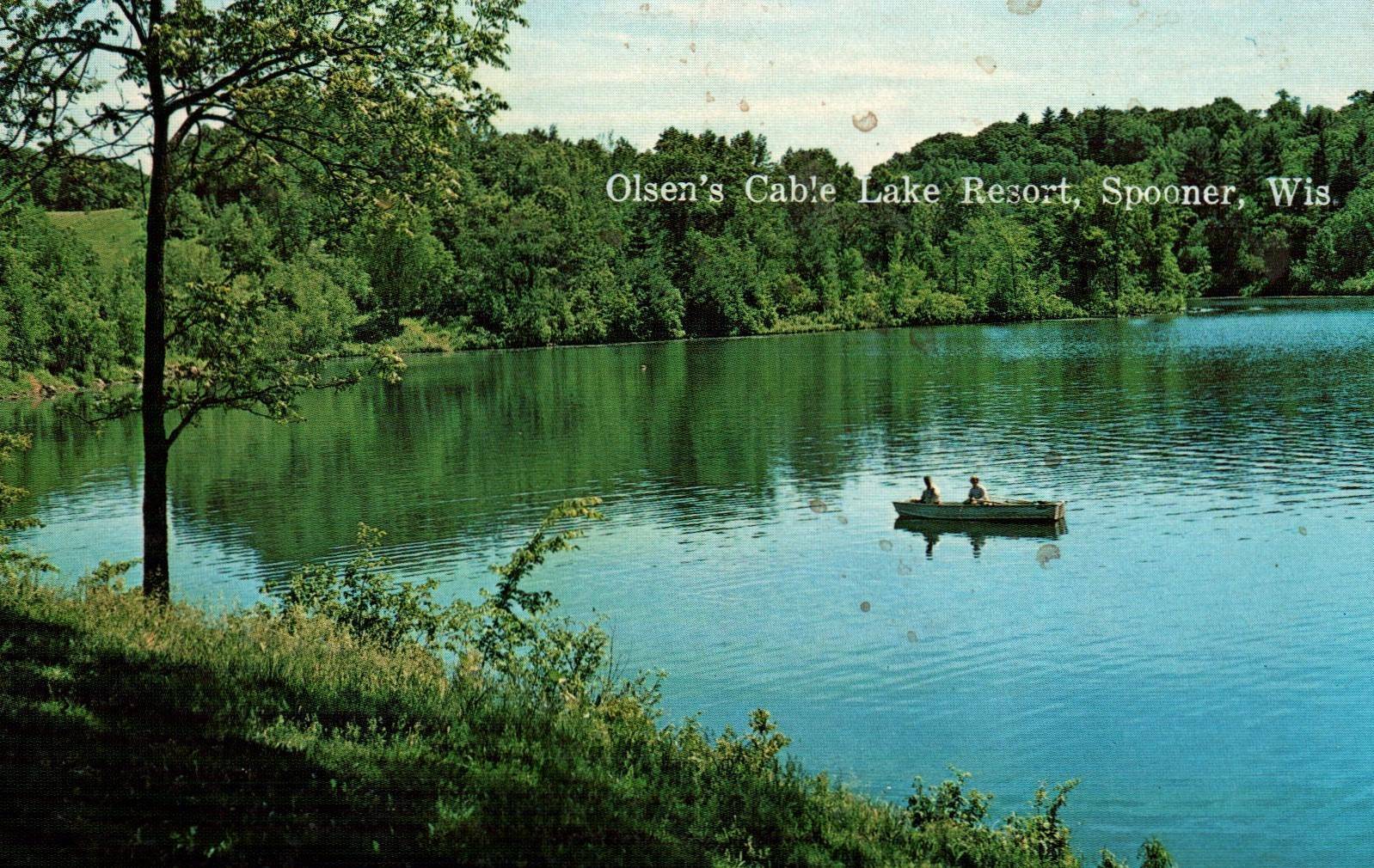 Spooner Wisconsin Olsens Cable Lake Resort Lake Boat Postcard United