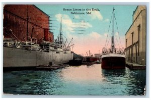 Baltimore Maryland Postcard Ocean Liners In The Dock Steamships Scene 1913 Boats