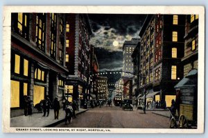 1923 Norfolk Virginia Postcard Granby Street Looking South Night Buildings Road