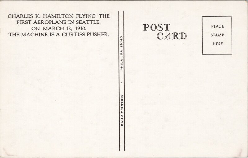 Charles Hamilton Aviator Flying First Aeroplane Seattle 1910 Unused Postcard E64