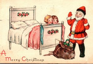 Vintage young looking Santa Claus with Toy & Children Antique Christmas Postcard