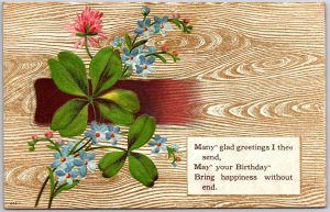 Many Glad Greetings To Your Birthday Forget-Me-Nots Green Clover Postcard