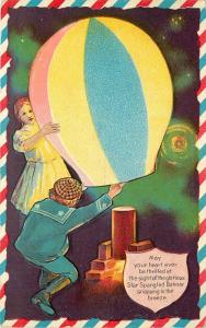 Embossed Postcard Fourth of July Ser. 2 Boy & Girl, Glowy Hot Air Balloon Night