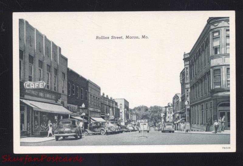 MACON MISSOURI DOWNTOWN ROLLINS STREET SCENE 1940's CARS VINTAGE POSTCARD