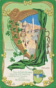 ST PATRICK'S DAY~DEAR OLD DUBLIN IRELAND FAR AWAY~1912 EMBOSSED GILT POSTCARD