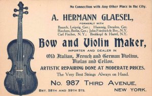 A. HERMANN GLAESEL BOW & VIOLIN MAKER NEW YORK ADVERTISING BUSINESS CARD