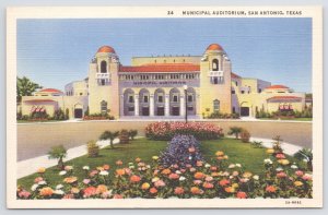 San Antonio Texas~Municipal Auditorium~Flower Beds~Linen Postcard