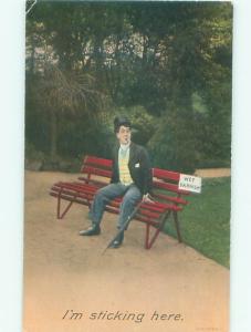 Bamforth Comic MAN SITTING ON WET PAINT PARK BENCH AB9947