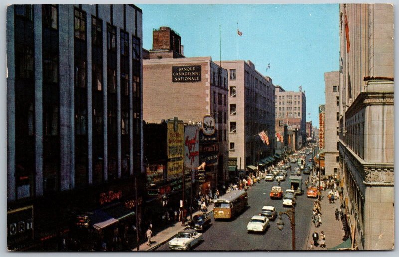 Vtg Montreal Quebec Canada St Catherine Street View Old Cars 1950s Postcard