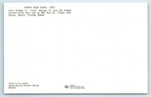 HAPPY NEW YEAR 1972 ~ Dudley Barlow III w/ DONALD DUCK TOY Delray Beach Postcard