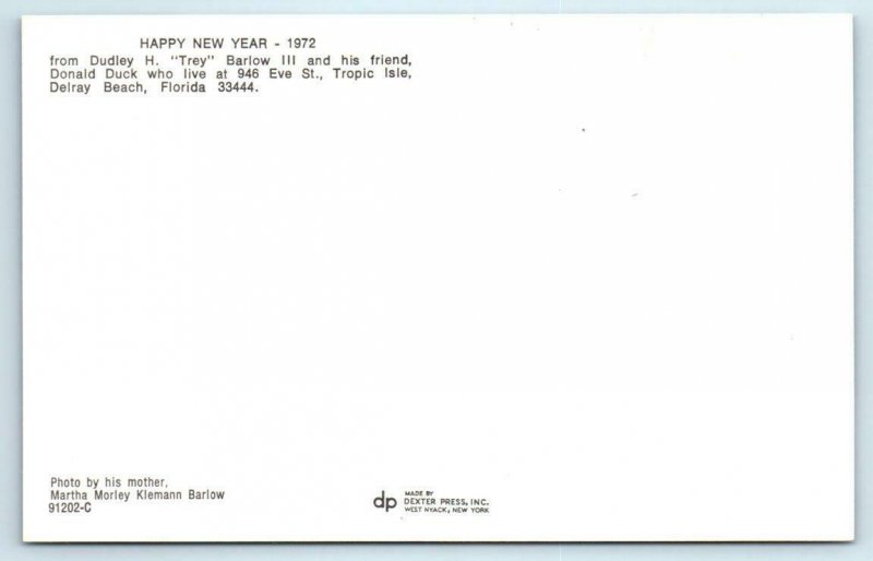 HAPPY NEW YEAR 1972 ~ Dudley Barlow III w/ DONALD DUCK TOY Delray Beach Postcard