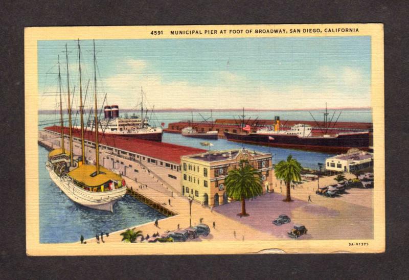 CA Municipal Pier ships Boats Broadway St San Diego Calif California Postcard