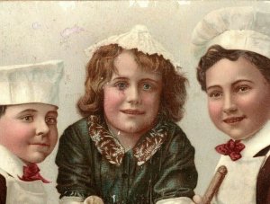 1880s-90s Victorian Card Three Adorable Children Cooking Baking *M