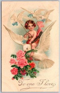 Vtg Valentine To One I Love Cherub Cupid Riding Dove 1907 Embossed Postcard