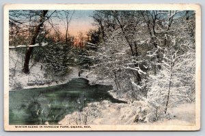 Omaha Nebraska~Hanscom Park~Winter Scene~Frozen Waterway~Sunset~1920s Postcard