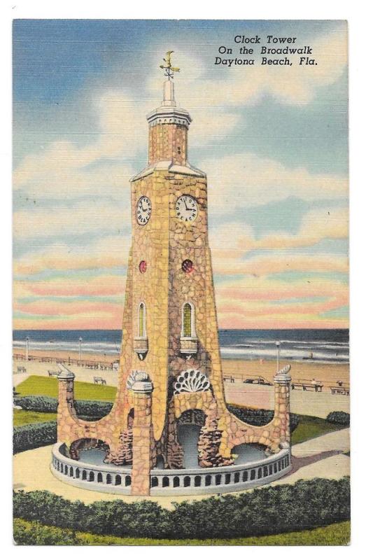 FL Daytona Beach Clock Tower Boardwalk Linen Postcard