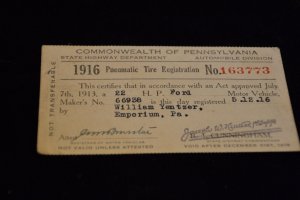 Antique Ephemera Pennsylvania 1916 Pneumatic Tire Registration