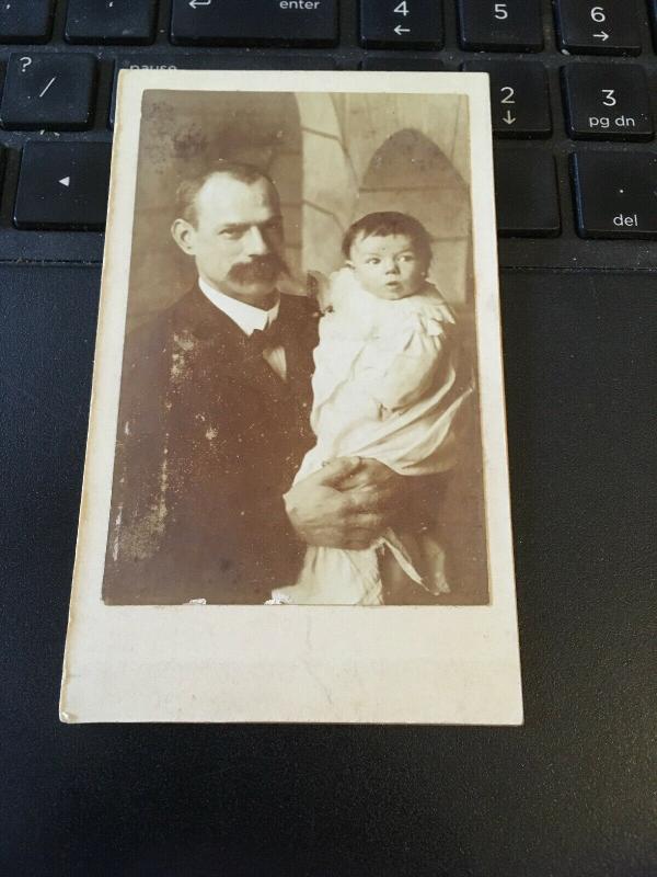 Vintage Cabinet Card Photo - Late 1800s Mustache Man and Baby