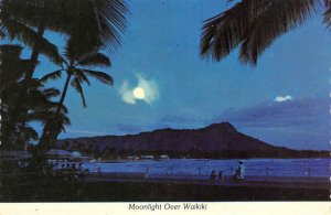 MOONLIGHT OVER WAIKIKI Diamond Head, Hawaii c1960s Continental Vintage Postcard