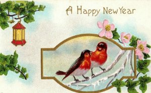 C.1910 Lovely Birds Lantern Snowy Tree Blossoms New Year Vintage Postcard P77