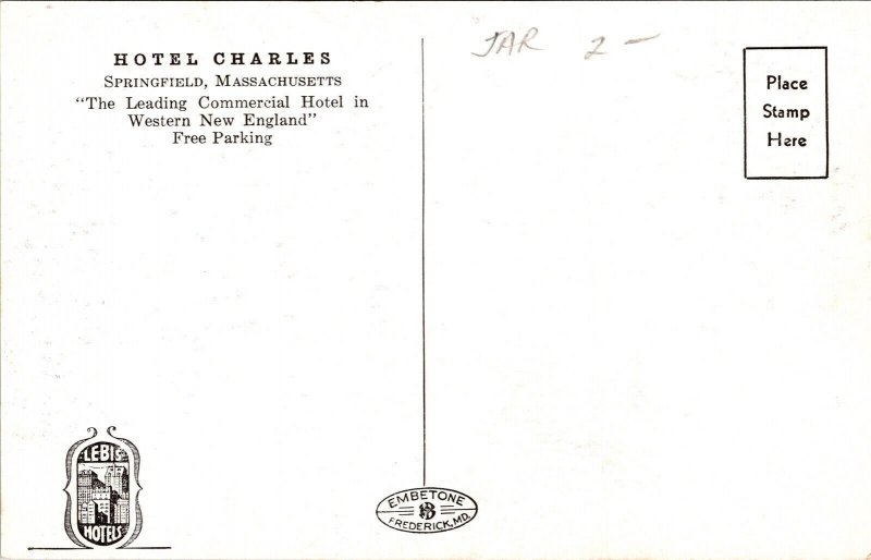 Hotel Charles Springfield Massachusetts MA Postcard UNP Unused VTG Vintage 