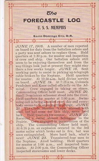 Military U S S Memphis Forecastle Log 17 June 1916