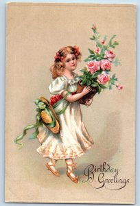 Birthday Greetings Postcard Pretty Young Girl With Roses Flowers Pot Embossed