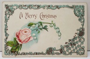 Precious Blue Scrolls Pink Rose Merry Christmas Quaint German Postcard E18