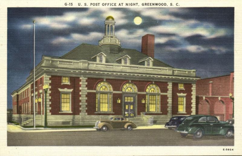 Greenwood, S.C., U.S. Post Office at Night with Cars (1940s)