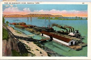 Postcard TN Memphis View on Mississippi Plant Bridge Steamships 1926 S78