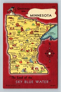 Map of MN-Minnesota, Greetings from Sky Blue Water, Advertising Linen Postcard