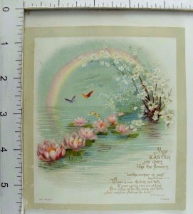 Victorian Easter Trade Card Rainbow Butterflies Poem Pink Water Lilies &C