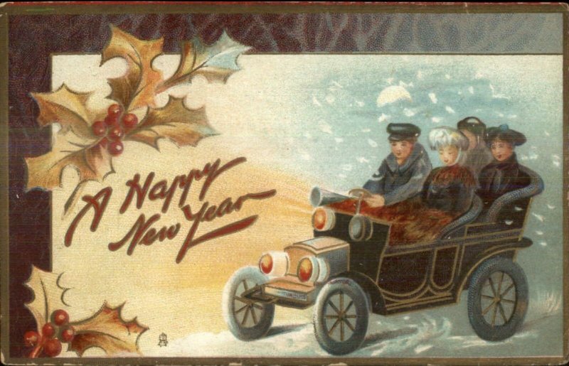 New Year - Old Car & Family c1910 TUCK Postcard
