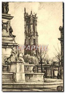 Old Postcard Place du Chatelet Paris and Tour St Jacques