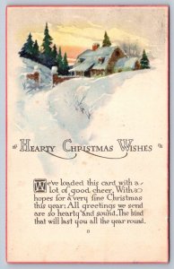 Hearty Christmas Wishes, Rural Winter Homestead Scene, Antique Postcard