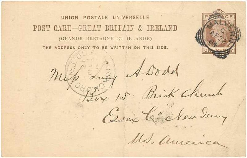 Entier Postal Stationery Postal Great Britain Great Britain 1884 Malvern to E...