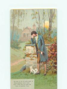 Unused Pre-1907 foreign LITTLE WHITE DOG AT THE FEET OF MAN J4264