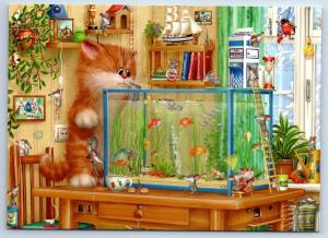 RED CAT and gold fish in aquarium Mice Funny New Unposted Postcard