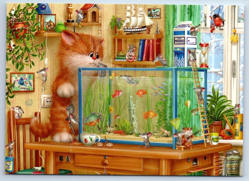 RED CAT and gold fish in aquarium Mice Funny New Unposted Postcard