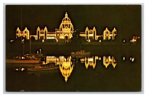 Parliament Buildings at Night Victoria BC Canada UNP Chrome Postcard B19