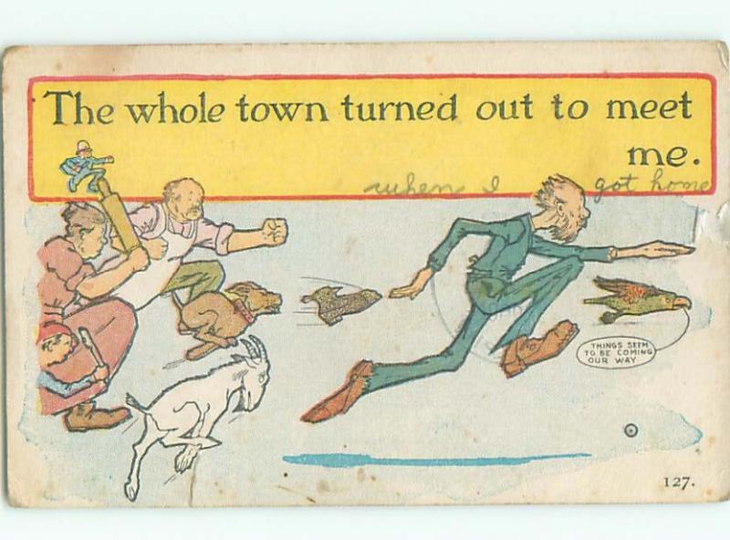 Pre-Linen Comic MANY ANGRY PEOPLE CHASING MAN AB9456
