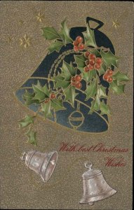 Christmas Bell Holly Gilt Embossed Winsch c1910s Postcard