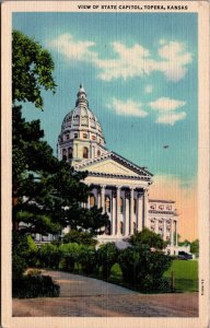 View of State Capitol Topeka Kansas Linen Postcard C039
