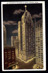 Michigan DETROIT Penobscot Building at Night pm1939 - Linen