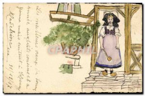 Old Postcard Drawing by hand Female Alsace Folklore