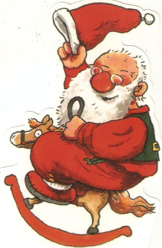 Santa Claus on fair horse  Modern Swedish greetings, die cut,  postcard