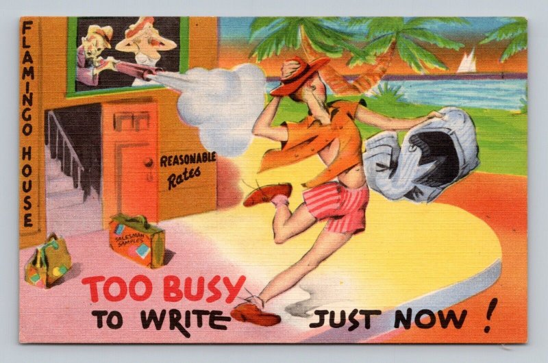 Risque Comic Romance Caught Cheating Shotgun too Busy UNP Linen Postcard N8 